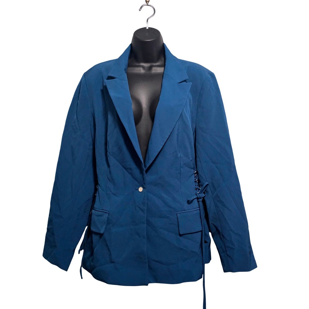 Bold Elements Women Teal Blue  2  Side Lace Up Single Button Blazer Jacket Sz 16